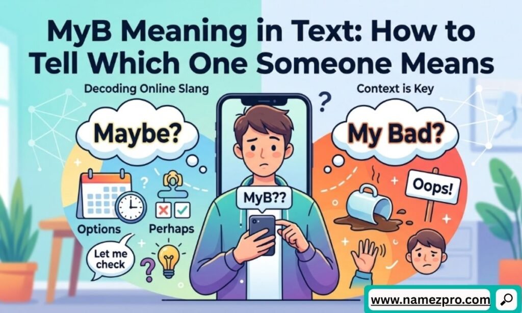 Confused cartoon man holding a smartphone looking at text bubbles comparing Maybe and My Bad definitions for MyB.