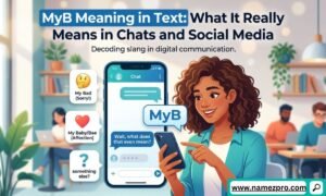 Smiling woman pointing at a phone screen displaying a MyB text bubble alongside definition options in a cafe.