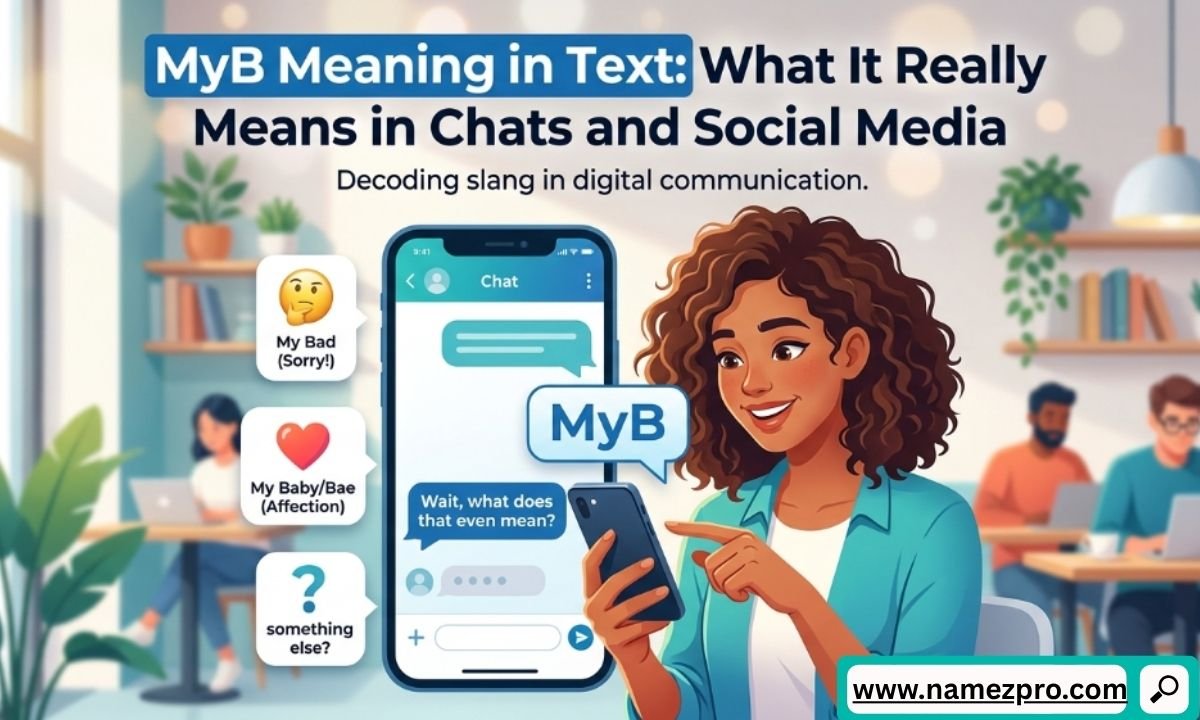 Smiling woman pointing at a phone screen displaying a MyB text bubble alongside definition options in a cafe.