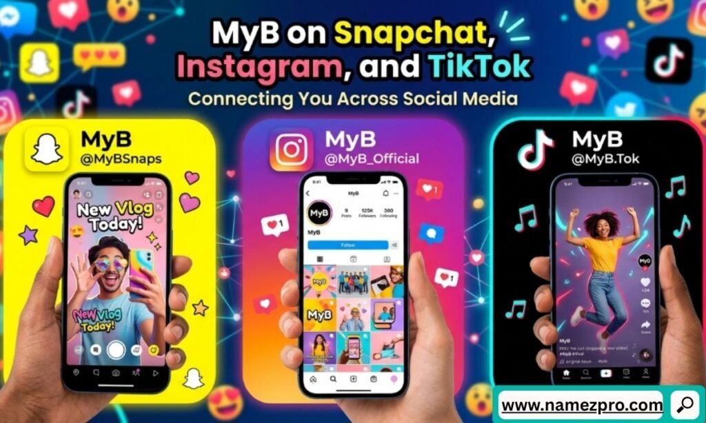 Three hands side-by-side holding smartphones that display MyB profile screens for Snapchat, Instagram, and TikTok.