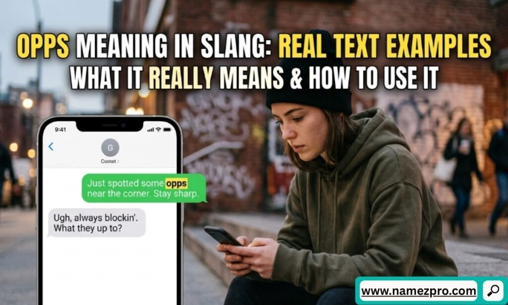 Smartphone screen displaying real text message examples explaining the slang definition of the word opps in conversation