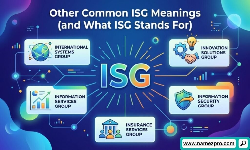 Diagram showing the central acronym ISG connected to five boxes explaining different professional and corporate meanings.