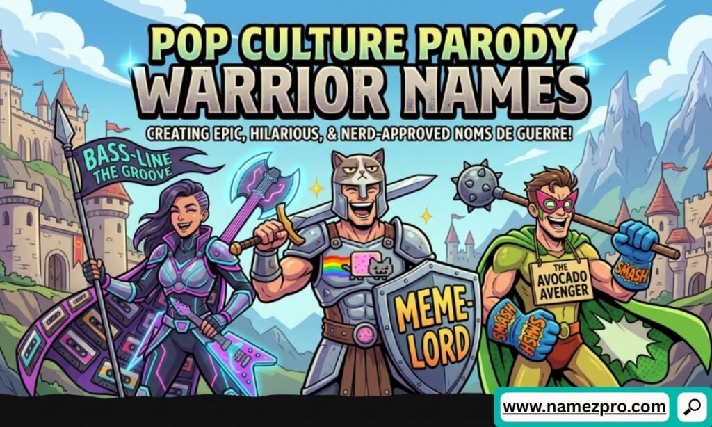 Three cartoon parody warriors standing in front of a castle under a Pop Culture Parody Warrior Names sign.