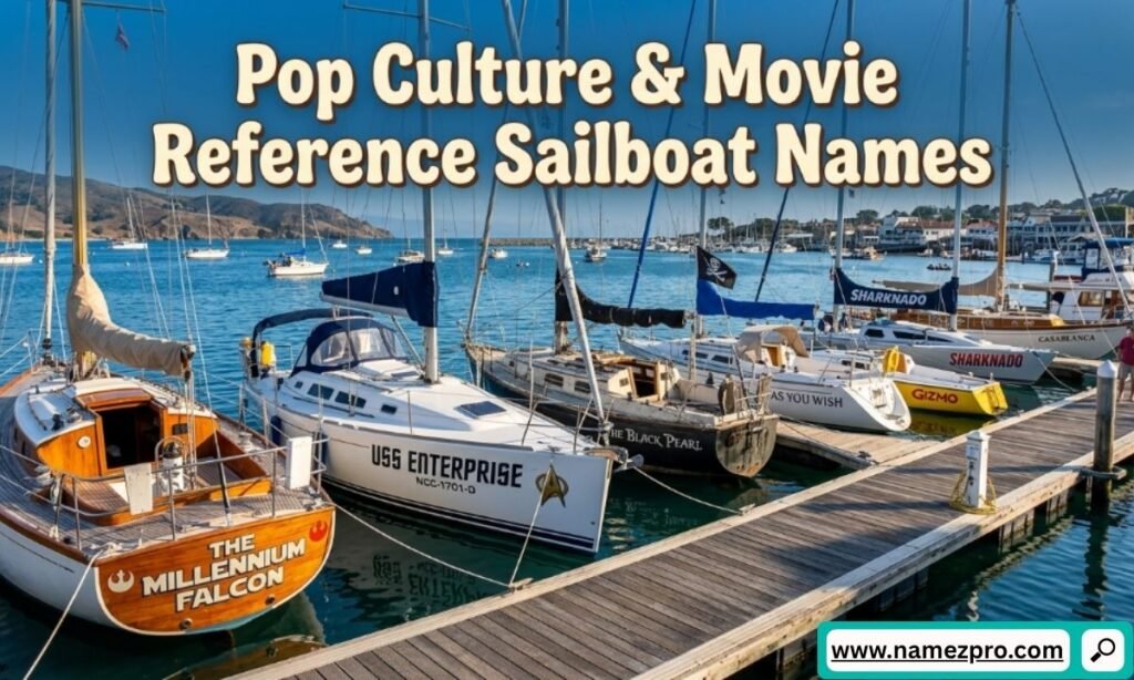 Several sailboats docked at a wooden pier featuring movie and sci-fi names painted on their hulls.