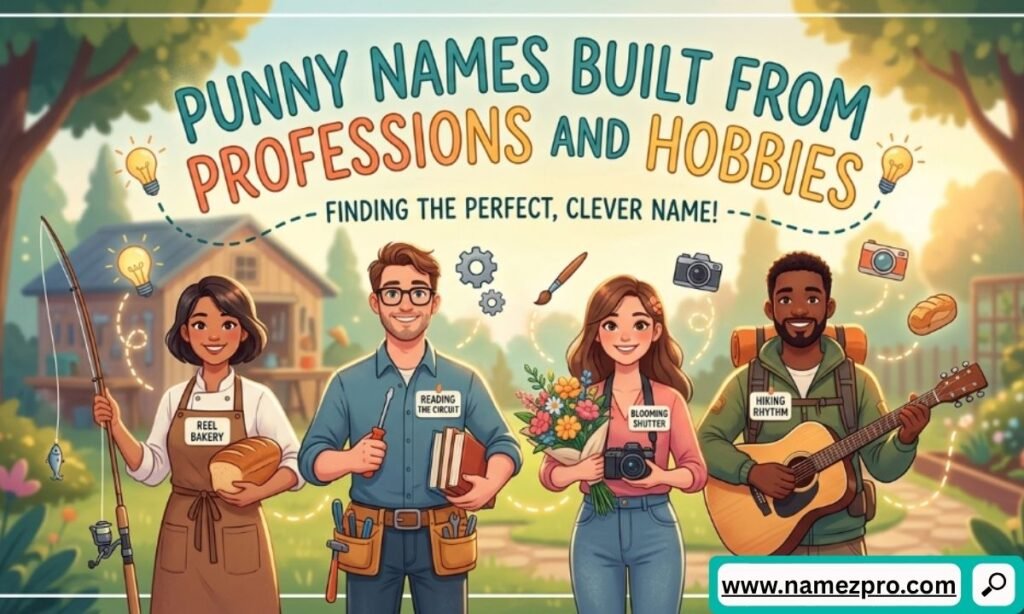 Four diverse people holding tools representing professions and hobbies under a clever pun names title banner.