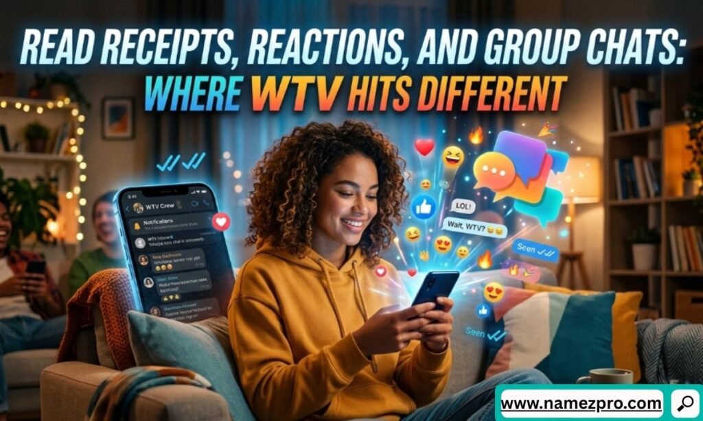 Smiling woman on a living room couch texting with chat bubbles and reaction emojis bursting from her smartphone screen.