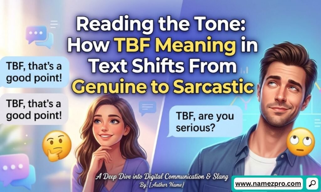 Infographic comparing genuine vs sarcastic use of TBF, with text examples from an analysis of digital communication and slang.