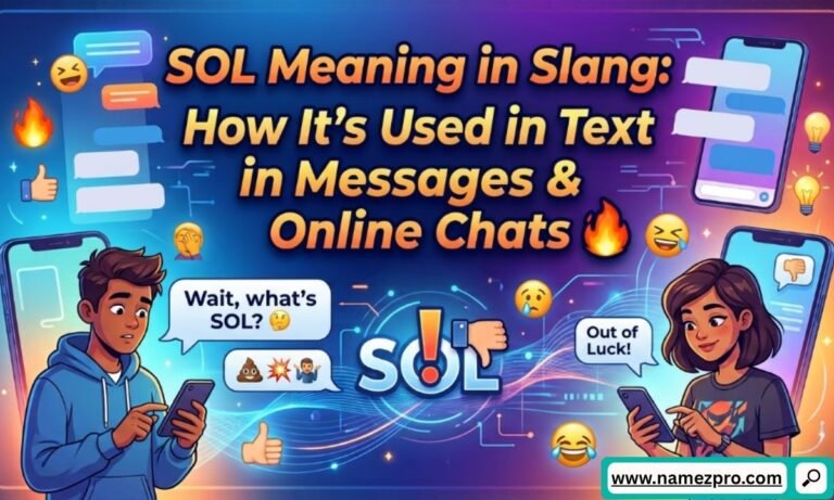 Illustrated infographic of a man and woman texting on smartphones about the SOL meaning in slang and online chats.