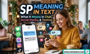 Smiling woman in a cafe looking at her phone next to a mockup screen showing a chat conversation about SP meaning.