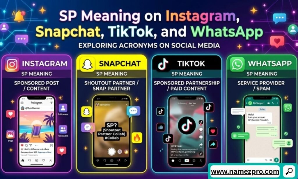 Infographic with four smartphone mockups explaining SP meaning on Instagram, Snapchat, TikTok, and WhatsApp.