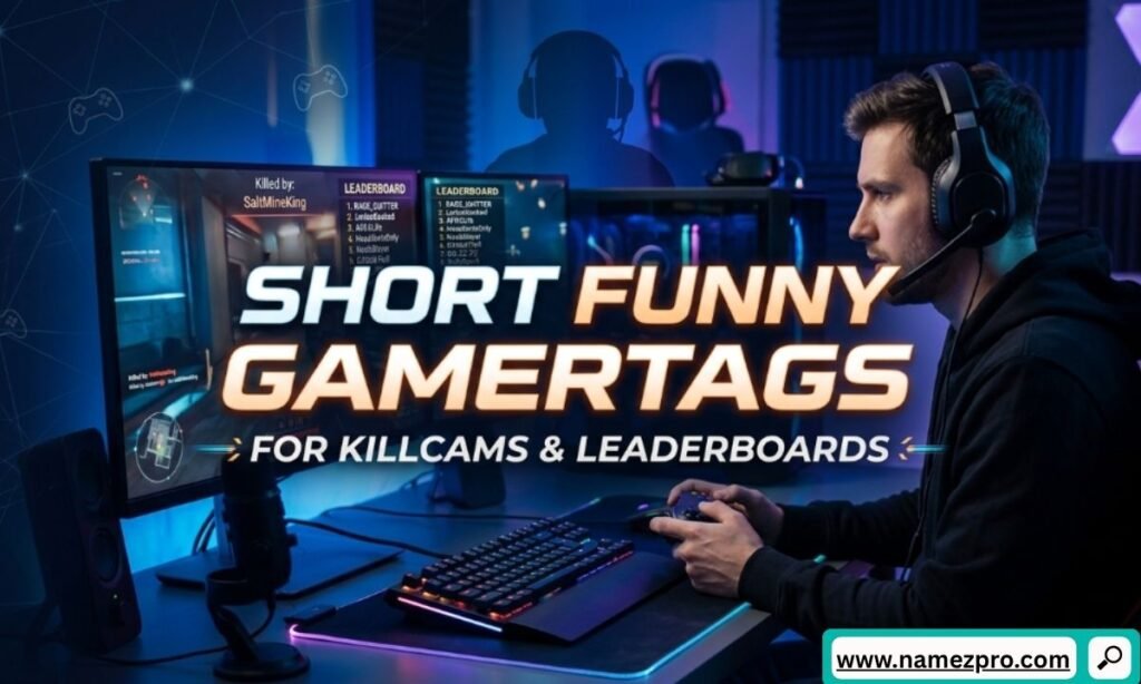 A gamer with headphones playing a video game at a desktop setup, with dual monitors showing a leaderboard and killcam, under a text overlay that reads Short Funny Gamertags for Killcams and Leaderboards.