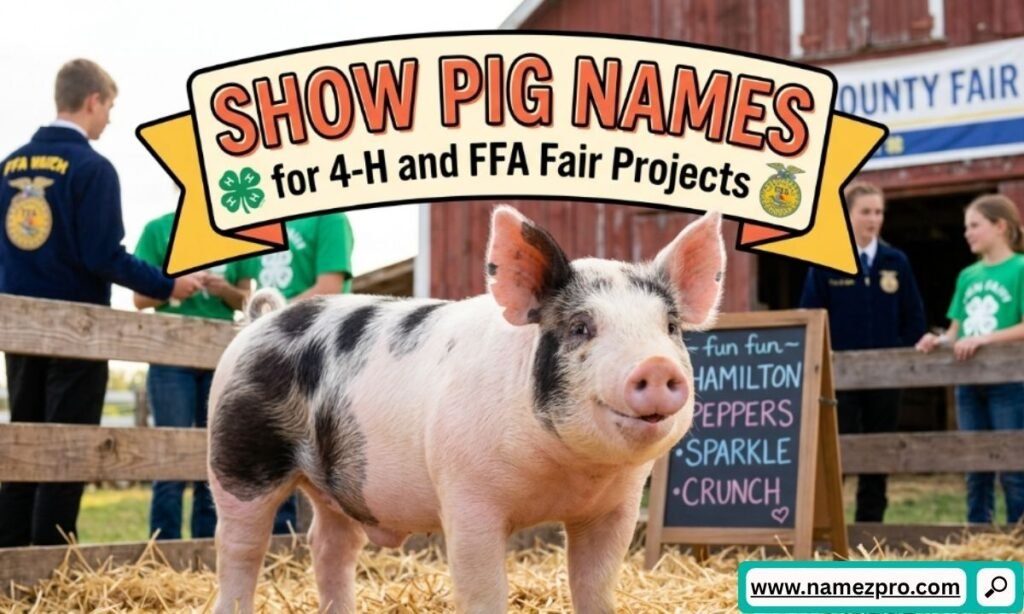 A spotted show pig standing in a straw-filled pen at a county fair near 4-H and FFA youth competitors.