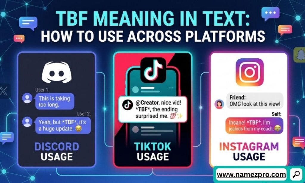 Infographic breaking down the TBF meaning in text across platforms like Discord, TikTok, and Instagram with examples.
