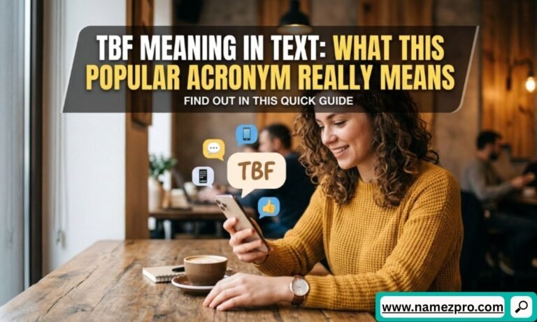 A smiling woman in a cafe looking at her phone with a text bubble showing the acronym TBF.