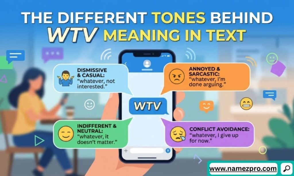 A hand holding a smartphone showing a text bubble with WTV surrounded by four color-coded chat tone explanations.