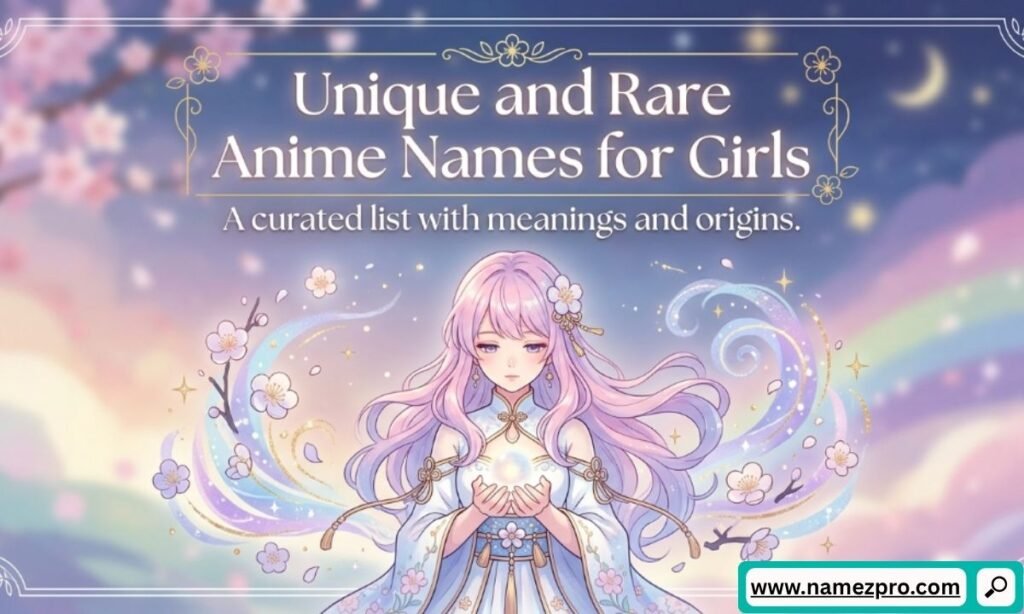 An anime girl with long pink hair holding a glowing orb, surrounded by floating cherry blossoms under a text overlay that reads Unique and Rare Anime Names for Girls A curated list with meanings and origins.