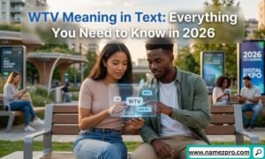 A man and woman on a park bench looking at a floating digital chat interface displaying the text acronym WTV.