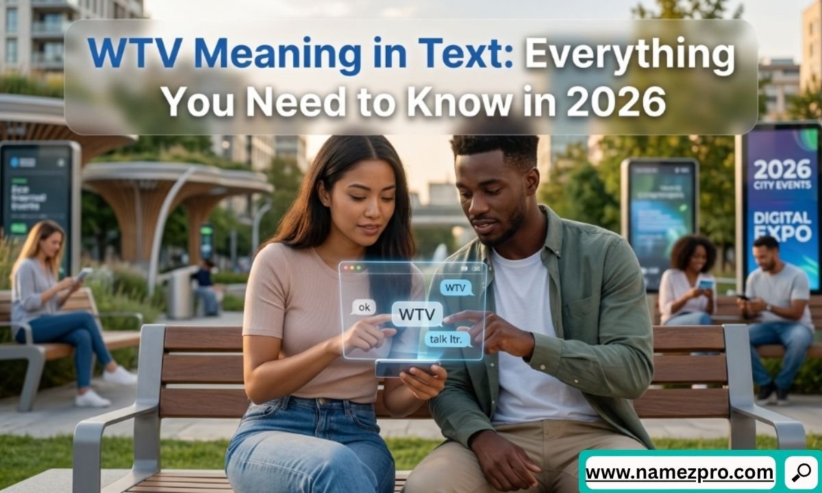 A man and woman on a park bench looking at a floating digital chat interface displaying the text acronym WTV.