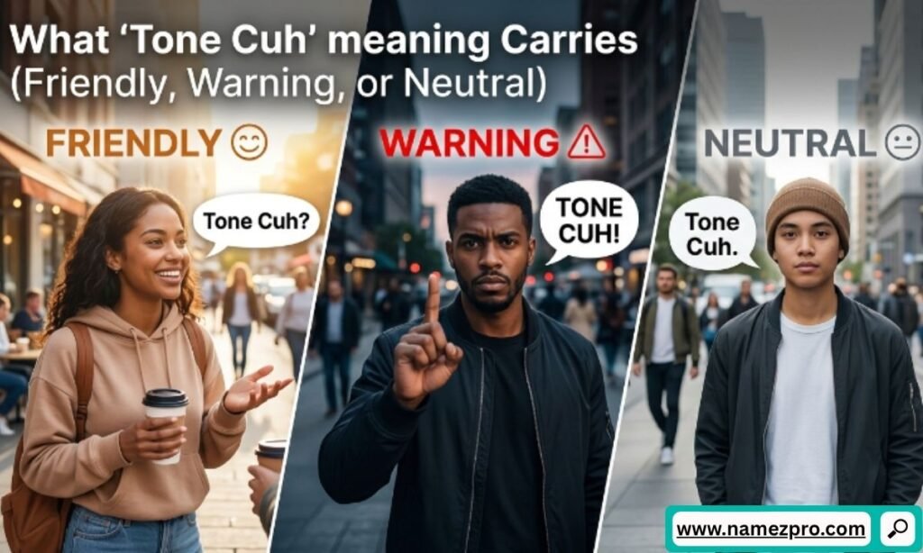 An infographic split into three panels illustrating different tones of saying "Tone Cuh" including friendly, warning, and neutral.