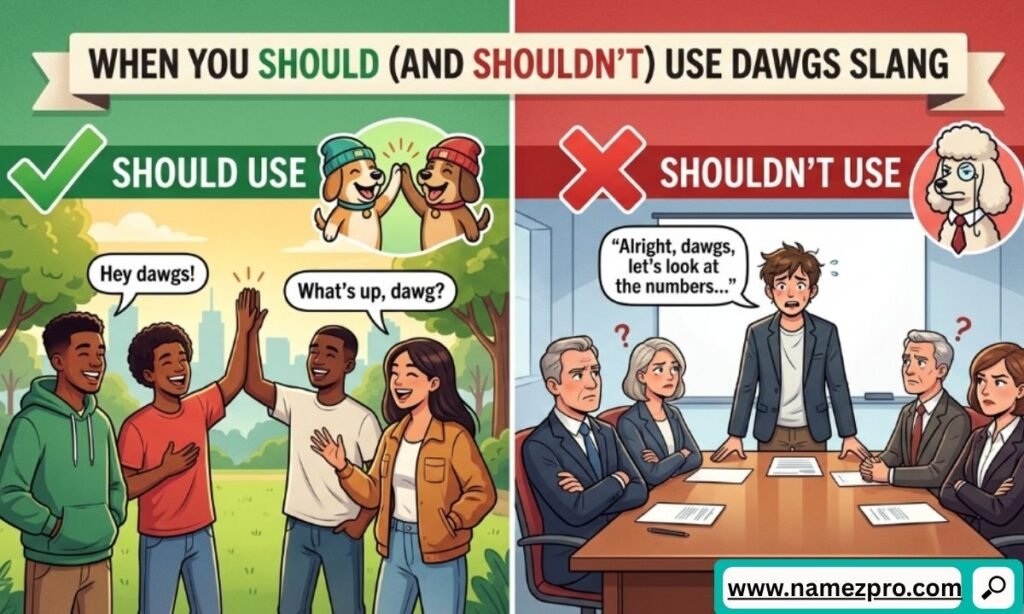 Split cartoon showing friends high-fiving in a park versus a nervous man using dawgs slang during a serious corporate meeting.