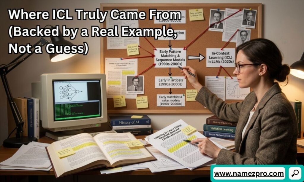 Researcher pointing to a corkboard timeline tracing In-Context Learning or ICL in LLMs from early pattern matching models.