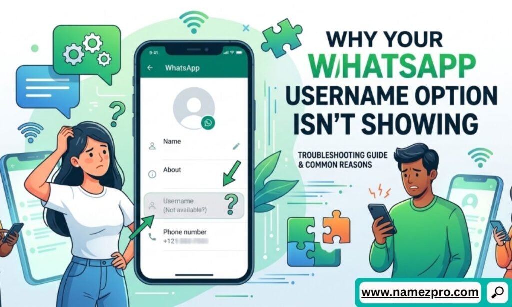 : Confused cartoon people looking at phones next to a smartphone screen with a missing or unavailable WhatsApp username option.
